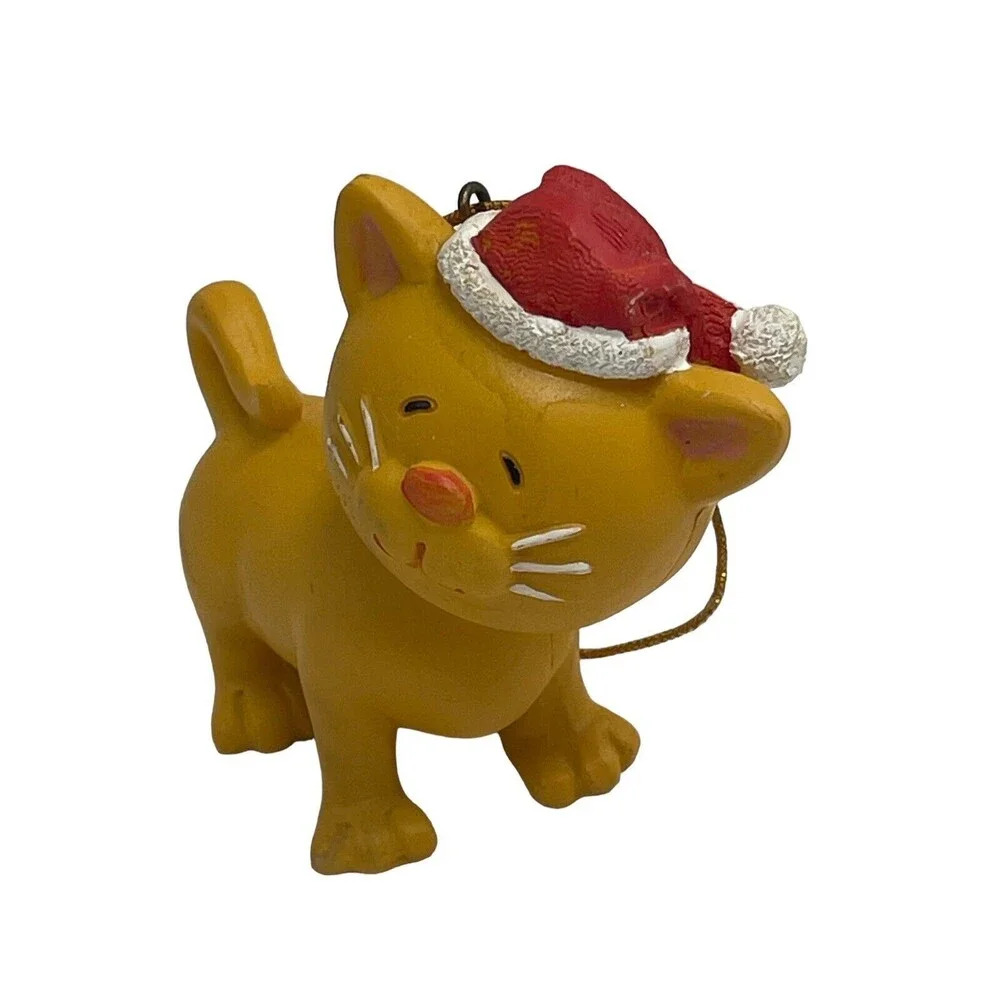 Vintage Ceramic Yellow Cat Kitten in Christmas Ornament 3”